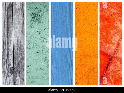 Collage of old and peeling painted wood background Stock Photo