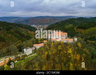 Castle Pernstejn in Czech Republic - aerial view Stock Photo