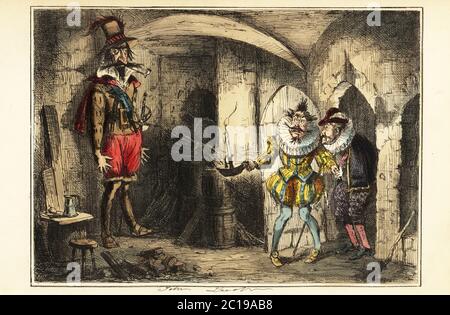 Guy Fawkes, leader of the Gunpowder Plot, caught in the cellar of the Houses of Parliament, 5 November 1604. William Parker, Baron Monteagle, and Theophilus Howard, Earl of Suffolk, finding Fawkes and barrels of gunpowder in the basement. Discovery of Guido Fawkes by Suffolk and Monteagle. Handcoloured steel engraving after an illustration by John Leech from Gilbert Abbott A’Beckett’s Comic History of England, Bradbury, Agnew & Co., London, 1880. Stock Photo