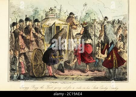 King George I of England boarding the royal coach to Osnabruck on the night of his death, 22 June 1727. King Gorge the First in crown, wig and ermine robes, with orb and sceptre, wearing sandals. Six servants in livery hang on to the rear of the carriage. Georgey Porgey the First going out for a ride in his state coachy poachy. Handcoloured steel engraving after an illustration by John Leech from Gilbert Abbott A’Beckett’s Comic History of England, Bradbury, Agnew & Co., London, 1880. Stock Photo