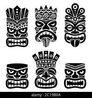 Hawaiian and Polynesia Tiki head totem vector design set- tribal folk art background Stock Vector
