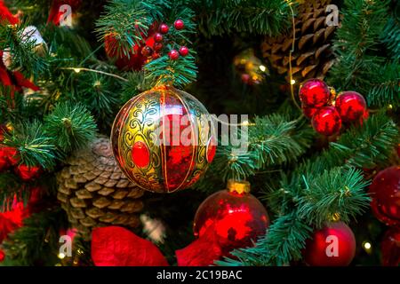 Christmas decorations on the branches of fir tree Stock Photo