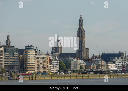 View of a port of Antwerp and cathedral of our lady in Belgium over the river Stock Photo