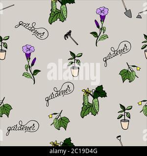 Seamless pattern on sadovoda- petunia, tomato, cucumber, onions, strawberries, hand-drawing, doodle, vector Stock Vector