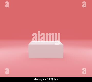 Rectangular box for demonstration, pink wall and floor, white podium stand, 3d abstract background, minimal fashion concept, empty product showcase st Stock Photo