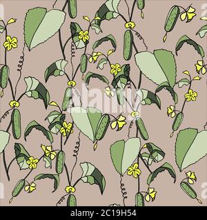seamless pattern cucumber on a branch, hand-drawing, doodle style Stock Vector