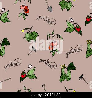 Seamless pattern on gardener - petunia, tomato, cucumber, onions, strawberries, hand-drawing, doodle, vector Stock Vector