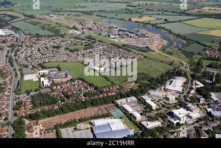 aerial view of The University of York & York Science Park with the new University of York, Campus East in the background Stock Photo