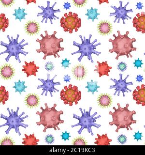 Seamless patern of Different kinds of viruses, coronavirus, herpes. Biology organisms backdrop in collage style. Many varios viruses on a white backgr Stock Photo