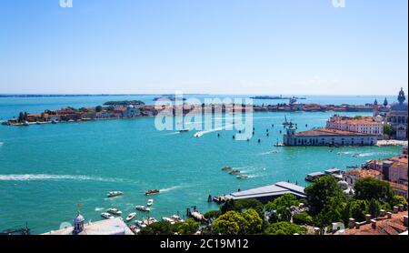 Panoramic aerial view of Venice lwaterfront,agoon,lagoon Giudecca ,Sacca Sessola island and small islands seen from St Mark's Campanile,Venice,Italy Stock Photo
