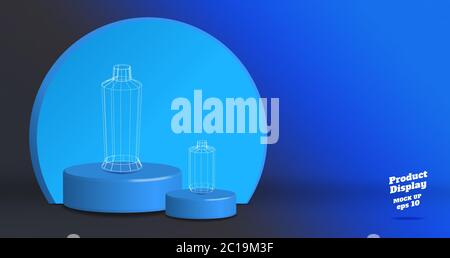 Vector,Empty vivid blue gradient with grey studio round kiosk stand background ,product display with copy space for display of product Banner for adve Stock Vector