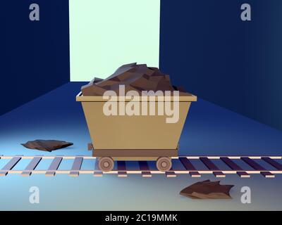 Coal trolley on rails in the mine. 3d illustration, 3d render Stock Photo