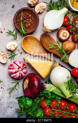 Ingredients for cooking pasta. Tomato sauce for pasta ingredients. Stock Photo