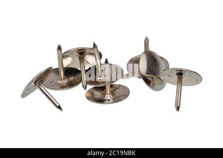 Group of metal thumb tacks isolated on a white background Stock Photo