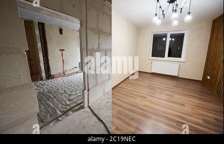 Comparison of room in apartment before and after renovation. Spacious light room with modern wood laminate and chandelier vs empty doorway with a view to another unfinished room. Renovation concept Stock Photo