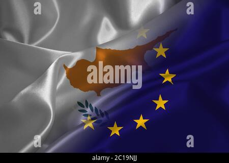 EU flag and Cyprus flag on satin texture Stock Photo