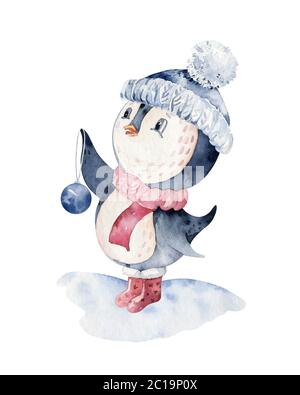 Watercolor merry christmas character penguin illustration. Winter cartoon isolated cute funny animal design card. Snow holiday season xmas penguins. Stock Photo