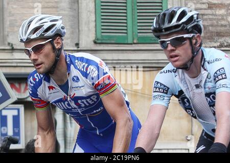 Tom Boonen  of Quickstep Cycling Team and Nick Nuyens of Saxo Bank Sungard during the Tirreno Adriatico  2011, Stage 6 cycling race,Ussita - Macerata (178 Km) on March14, 2011 in Macerata, Italie - Photo Laurent Lairys / DPPI Stock Photo