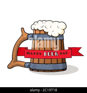 Wooden beer mug with beer and froth with happy beer day ribbon Vector illustration. Stock Vector