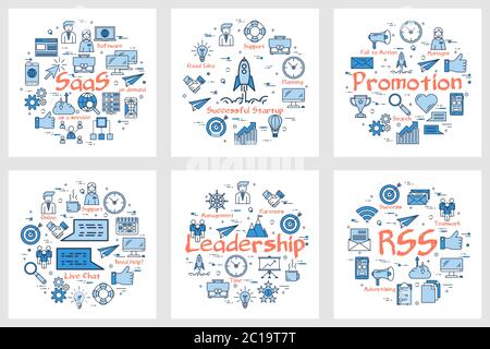 Six blue business square banners - saas, promotion, leadership, RSS Stock Vector