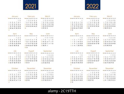 Calendar New year 2021 and 2022 vector planner template with modern simple navy blue and gold clean design.Holiday event adenda, Week Starts Sunday.12 Stock Vector