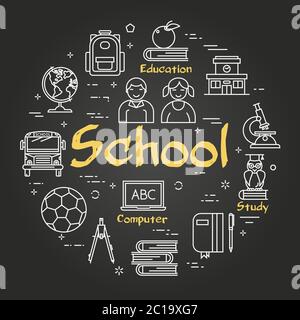 Vector black round School concept with line icons Stock Vector