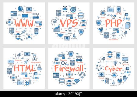 Six business banners - WWW, PHP, HTML, firewall Stock Vector