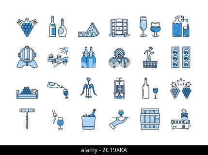 04 Blue WINE PRODUCTION icon set Stock Vector