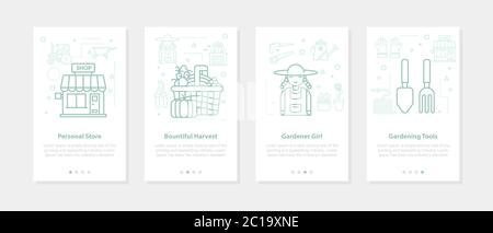 Four linear banners on white - girl farmer, shop, harvest, tools Stock Vector