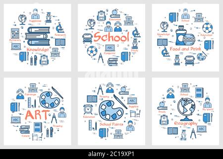 Set of blue school banners with line icons Stock Vector