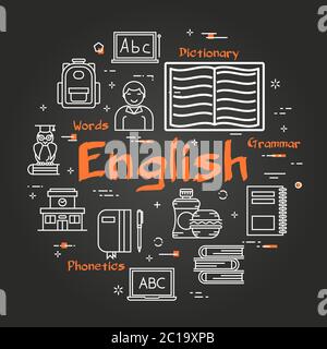 Round English Subject concept on black chalkboard Stock Vector