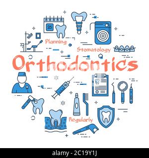 Vector linear round web banner of orthodontics Stock Vector