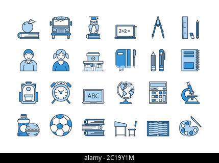 05 Blue SCHOOL EDUCATION icons set Stock Vector