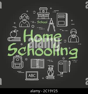 Vector line black round concept of home schooling Stock Vector