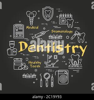 Vector black linear round web banner of dentistry Stock Vector