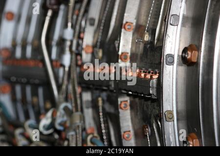 the internal structure of the aircraft engine, army aviation, military aircraft and aerospace industry Stock Photo