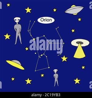 Isolated on blue drawing aliens, space, constellations Orion and flying saucers hand-drawing, vector Stock Vector