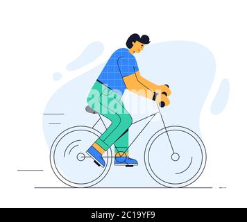 A man rides a bike. Vector illustration of a cyclist isolated on a white background. Flat style. Modern young guy on a bicycle. Healthy lifestyle. Stock Vector