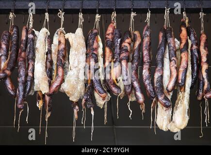 Smoked sausages in Uzbek shop Stock Photo