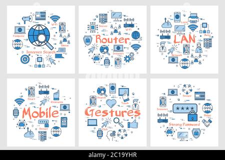 Six blue internet square banners - LAN, router Stock Vector