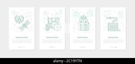 Four linear garden banners on white - insects, tractor, barn, hose Stock Vector