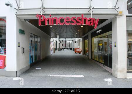 Exeter, Devon, UK.  15th June 2020.   Shops selling unessential items allowed to reopen today as coronavirus lockdown is eased further.  The entrance to the Princess Hay shopping centre in the High Street in Exeter, Devon.  Picture Credit: Graham Hunt/Alamy Live News Stock Photo