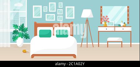 Bedroom interior. Vector illustration. Design of a modern room with double bed, dressing table, window and decor accessories. Home furnishings. Stock Vector
