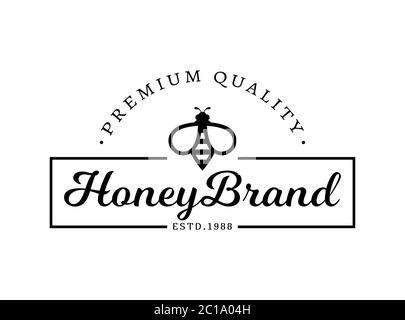Vector emblem for honey brand. Logo template with bee. Black sign isolated on a white background. Stock Vector