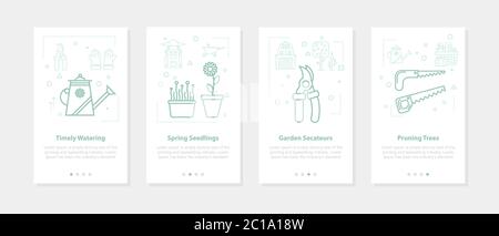 Four linear banners on white - seedling, watering, cutting, pruning Stock Vector