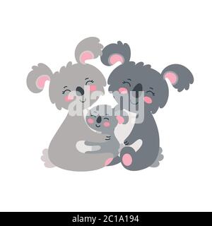 Koala family set. Happy parents hugging their child. Vector illustration in cute flat style Stock Vector