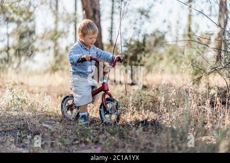 Cute blond toddler riding small bicycle in the forest Stock Photo