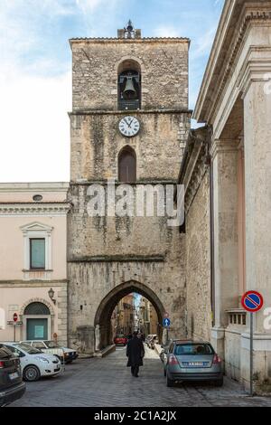 Bell tower of the Cathedral dedicated to St. Peter the Apostle seen from the square. Isernia, Molise region, Italy, Europe Stock Photo