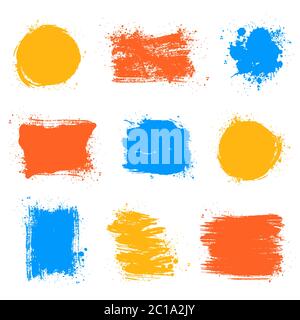 Paint brush stains, strokes, splatters and blots of different shapes and colors for frame, banner, label, text box or other art design. Vector set. Stock Vector