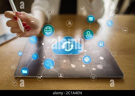 Cloud technology concept on virtual screen. Data storage and computing Stock Photo